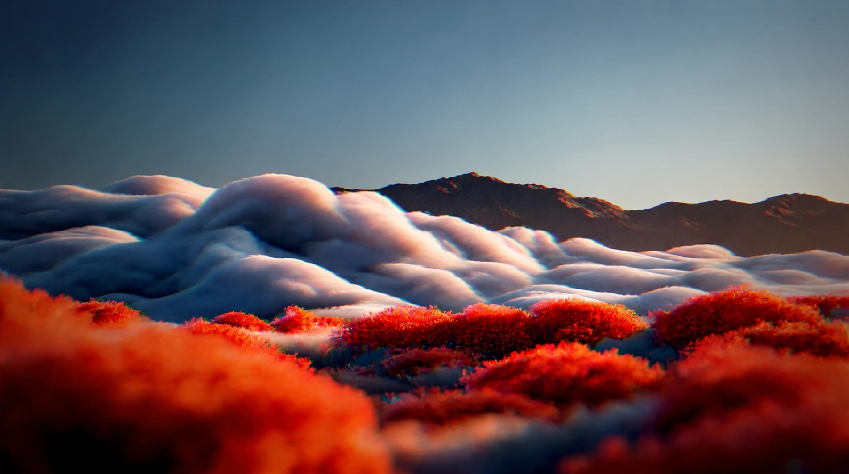 A landscape rendered entirely in numerals, blue sky above a digital terrain with red foliage