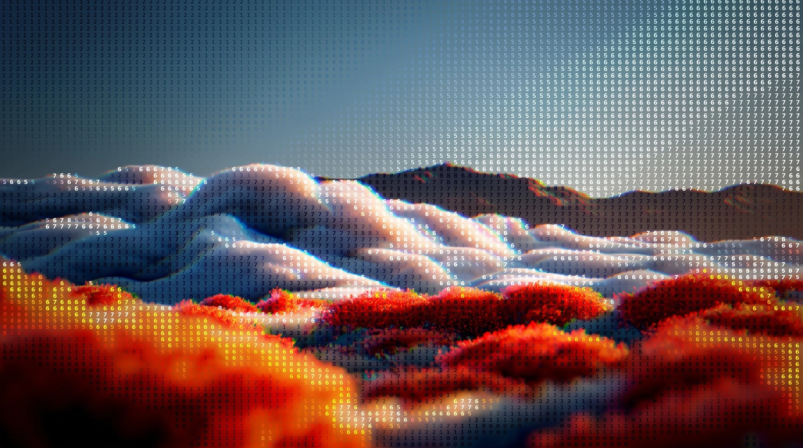 A landscape rendered entirely in numerals, blue sky above a digital terrain with red foliage