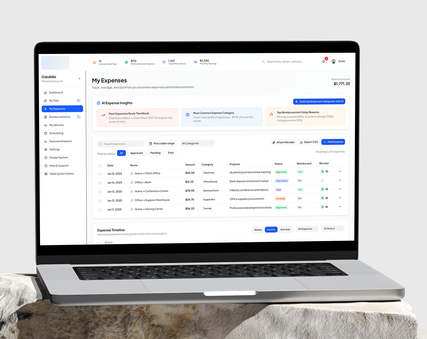 Expenses screen with an AI insights row, including a Top Reimbursement Delay Reasons breakdown, above a table of expenses showing date, route, amount, category, purpose, approval status and reimbursement state.
