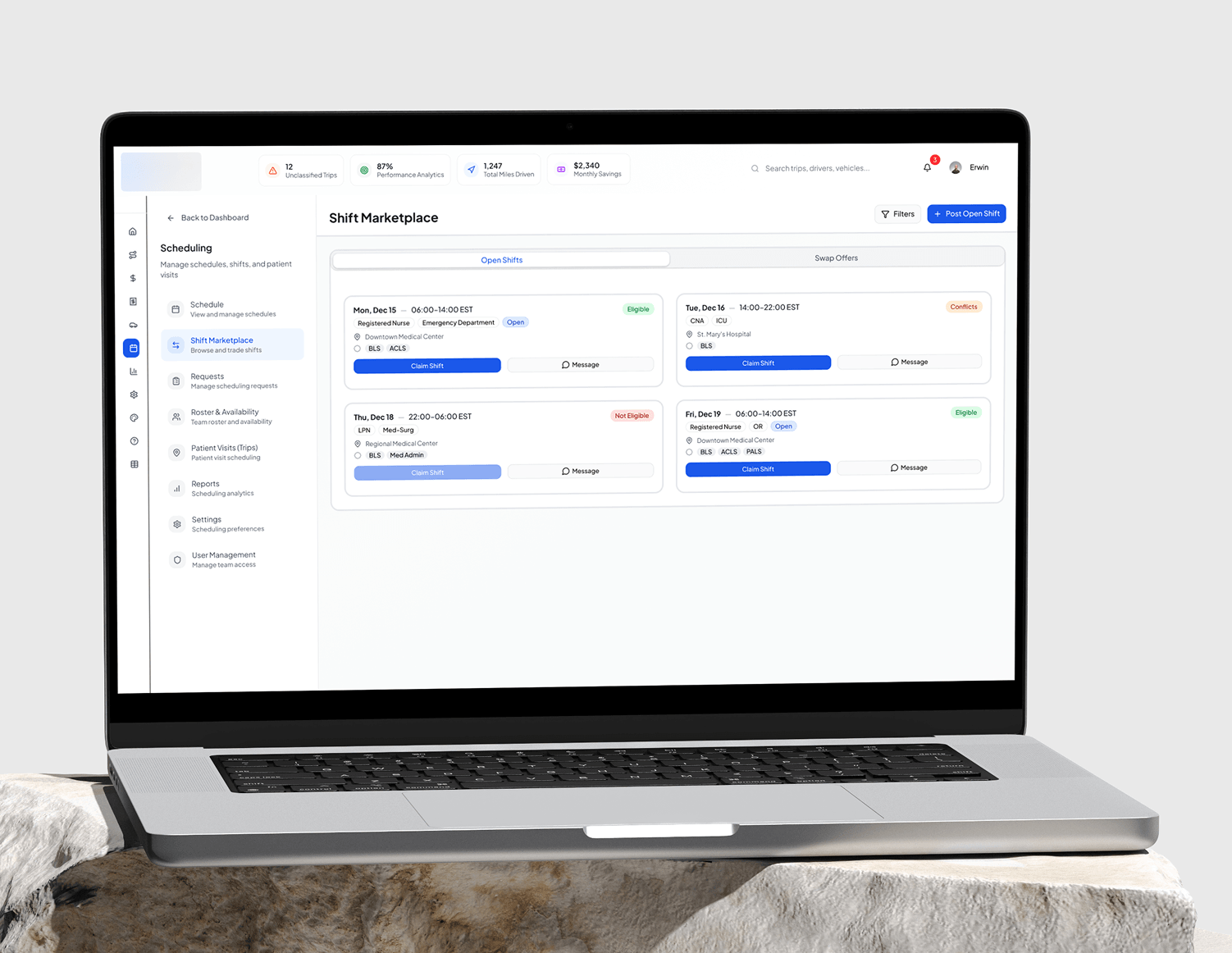 Shift Marketplace showing open shift cards stamped Eligible, Conflicts or Not Eligible, each listing date, hours, role, facility and required credentials, with the claim button disabled on the ineligible card.