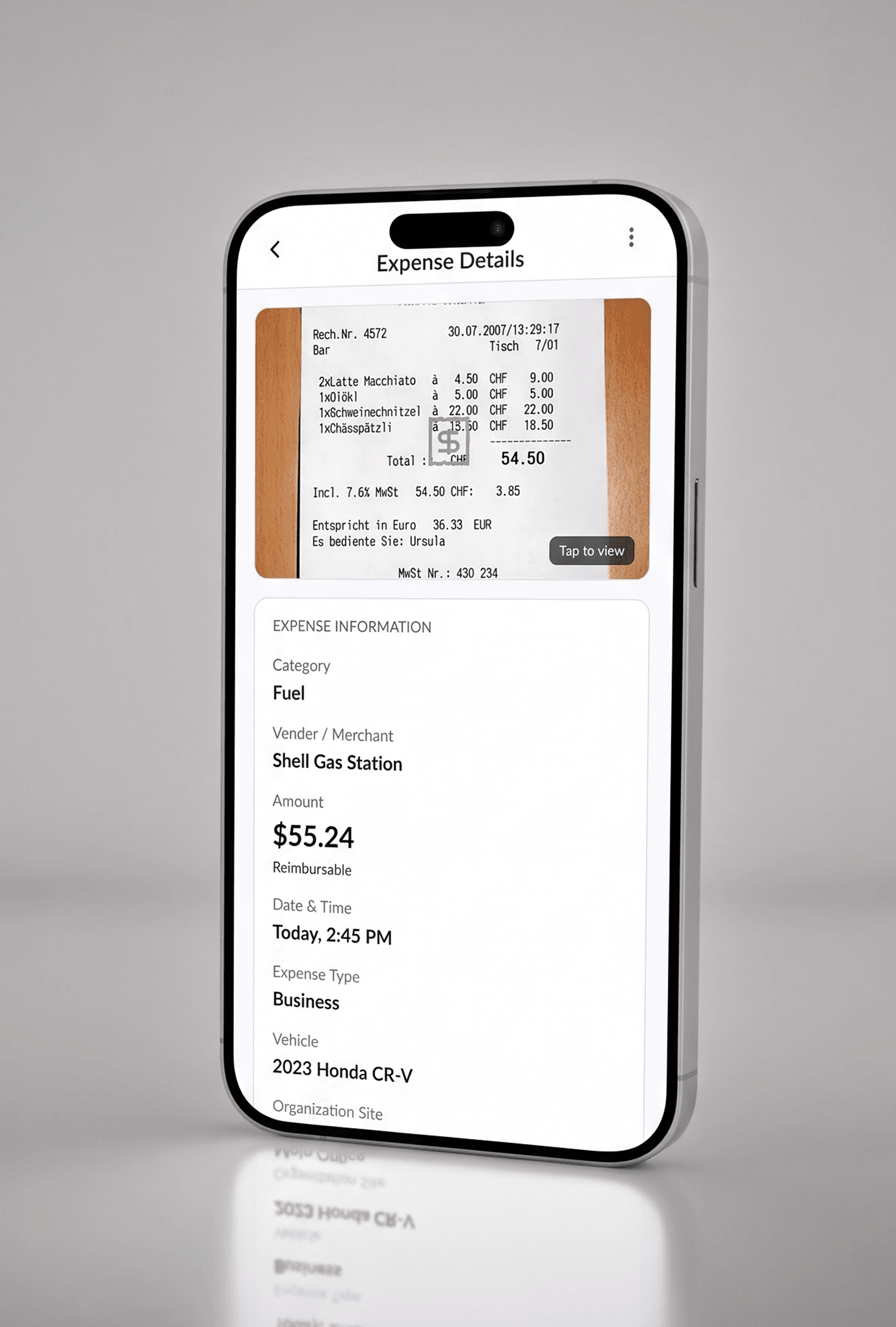 Expense capture flow with the receipt uploaded first and OCR pre-filling category, amount, and merchant.