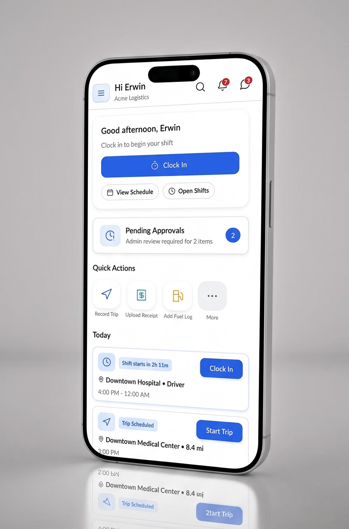 Mobile home screen with the primary Clock In button, Auto Track toggle, pending approvals count, and quick actions.