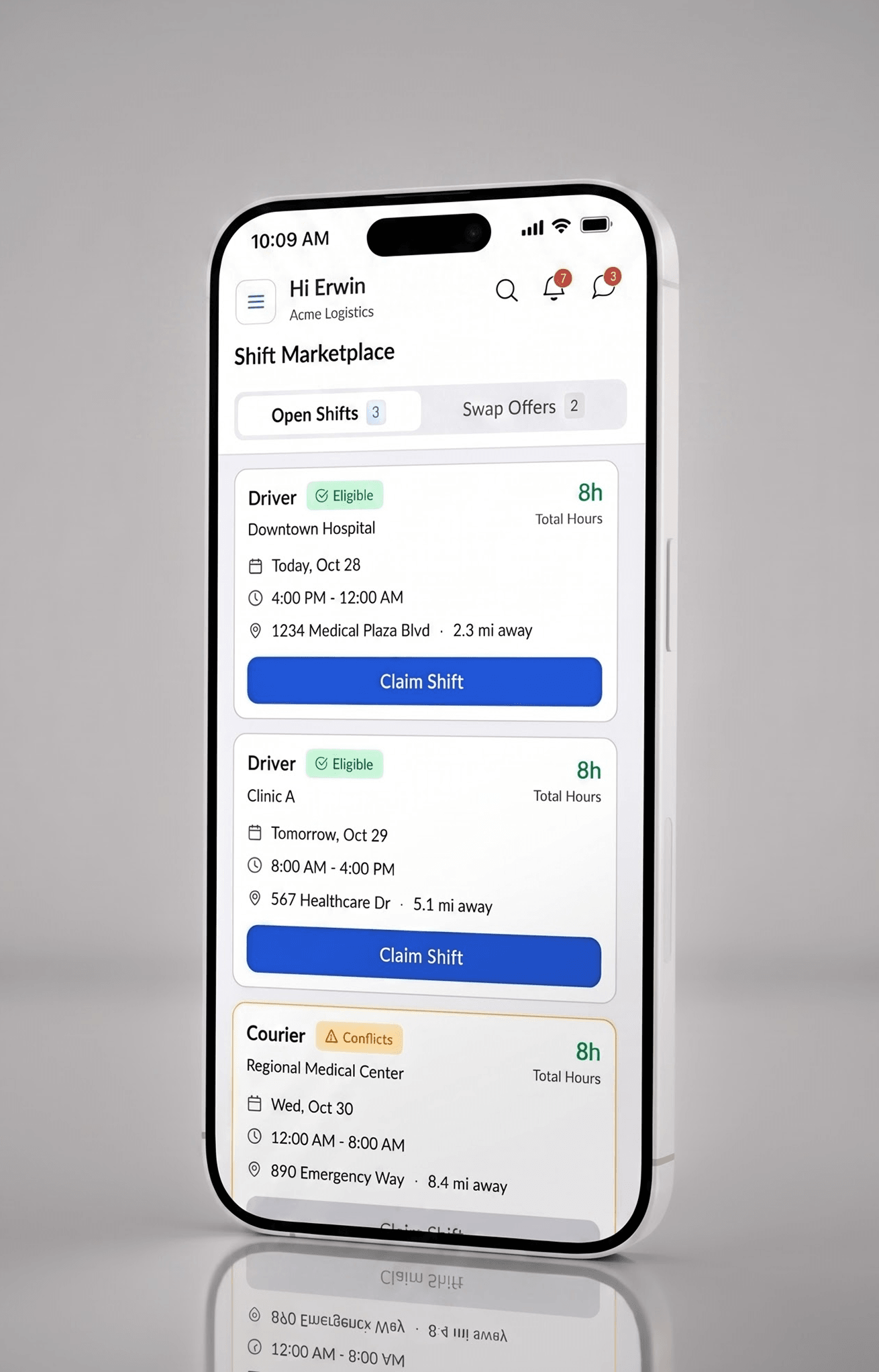 Time tab with the shift calendar and the Open Shifts Near You list, showing first-come-first-serve labels and expiry countdowns.