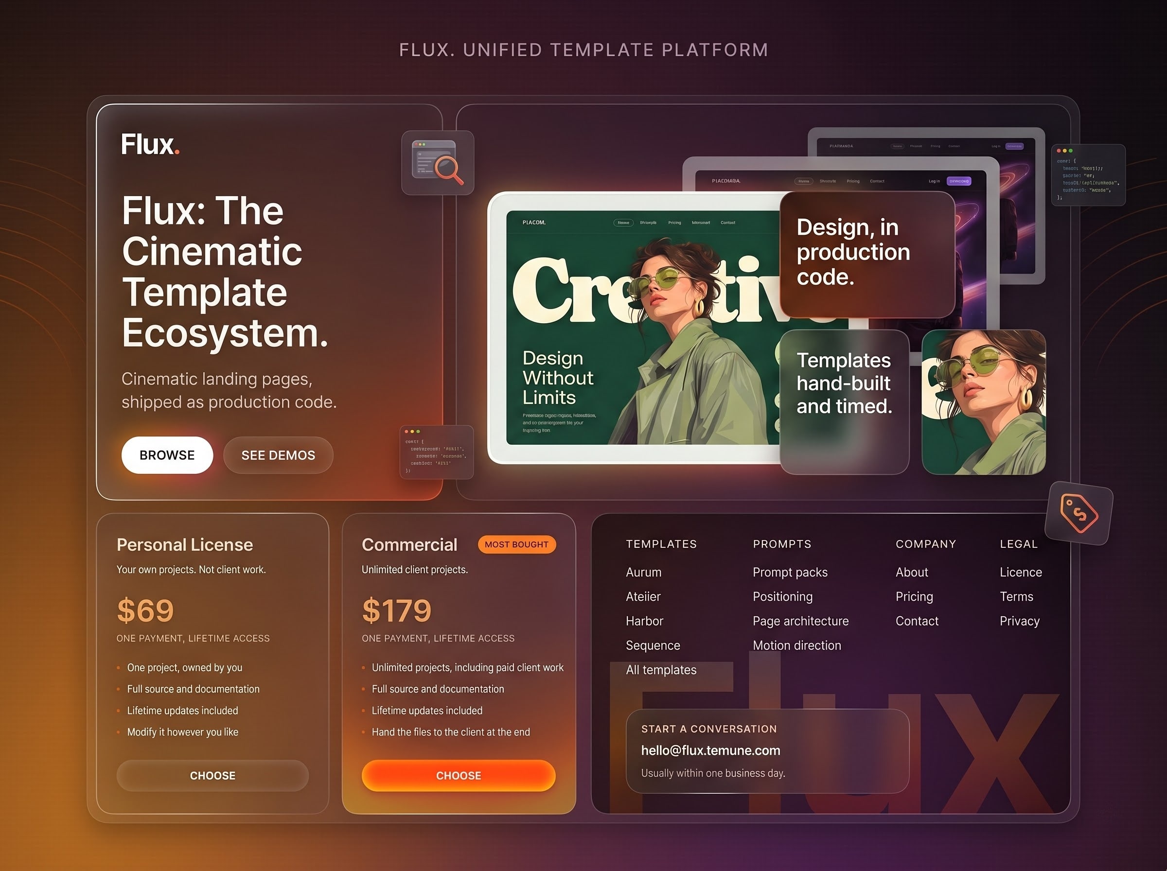 Visual board for flux.temune.com: the template carousel, the licensing tiers and the ember gradient hero.