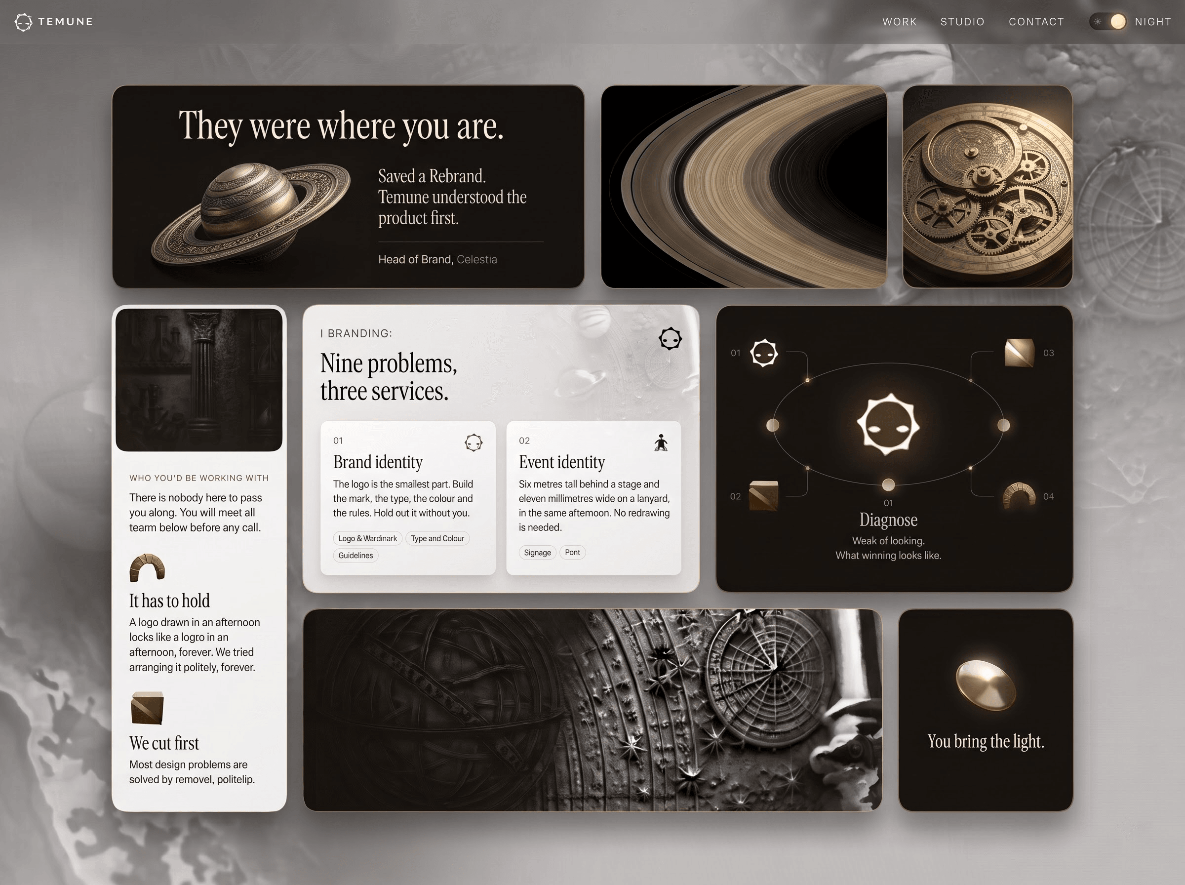 Visual board for temune.com: the night-mode work grid, service cards and the four-step process orbit.