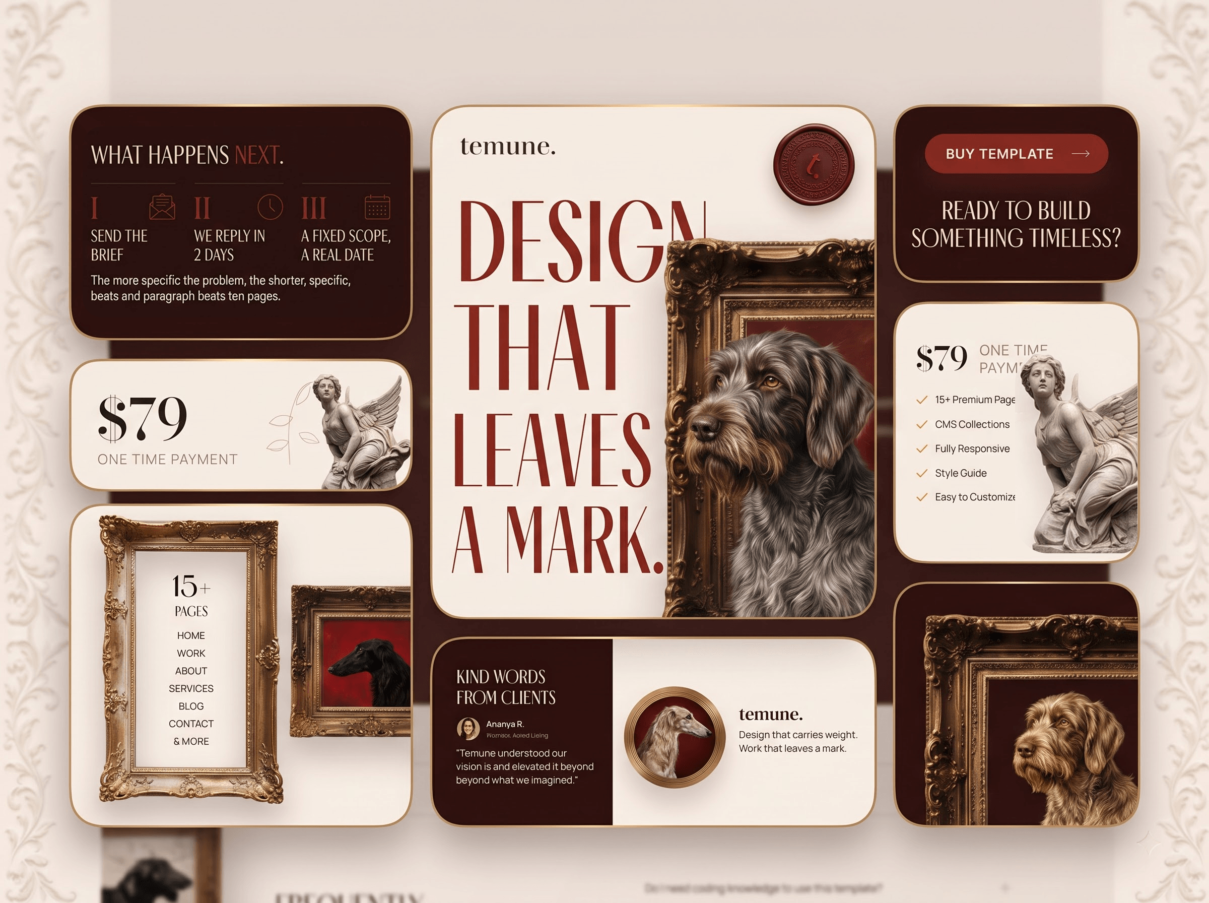 Visual board for studio.temune.com: gilt-framed portraits, the wax seal and the selected-work grid on maroon.