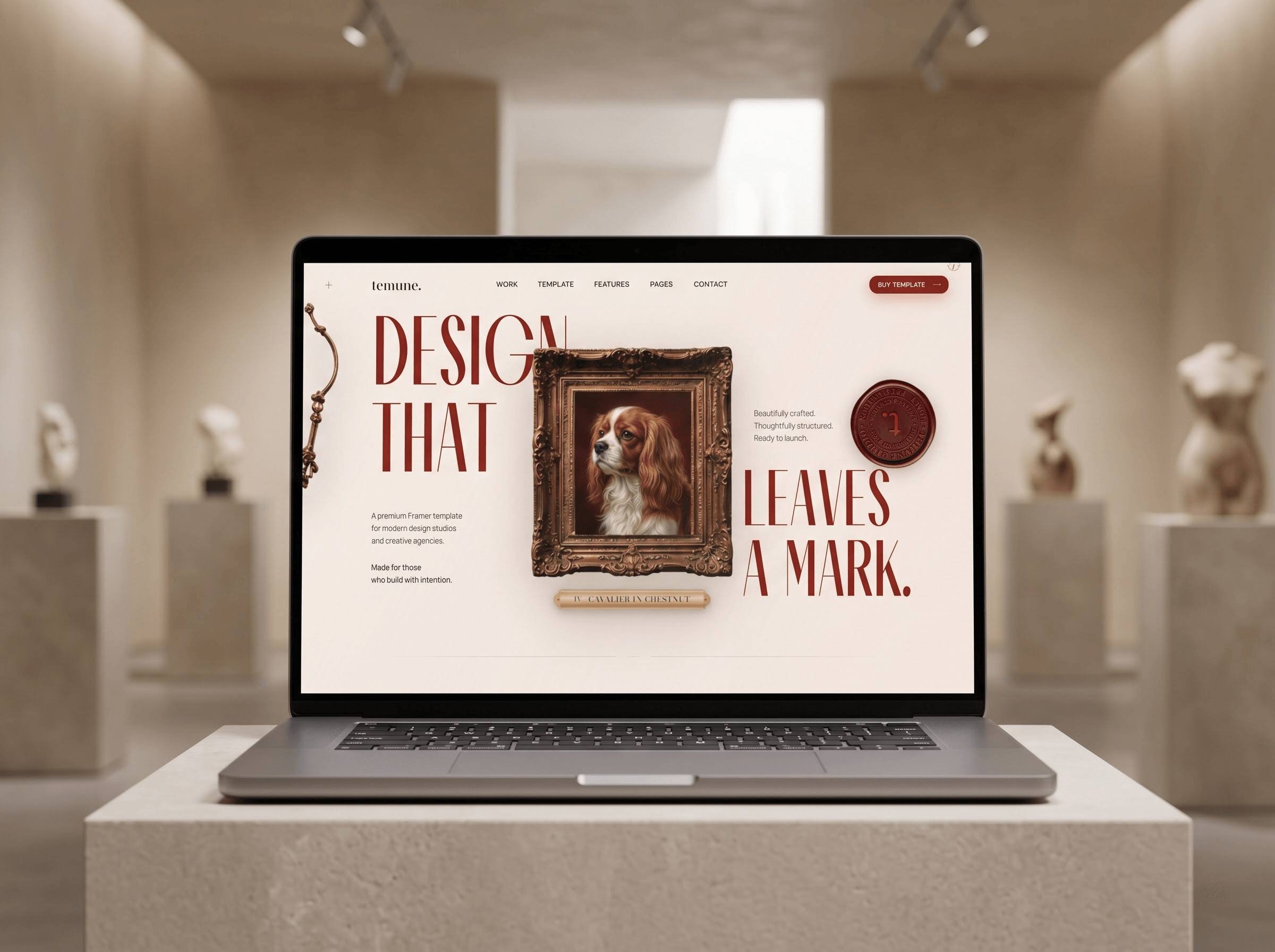 Temune case study cover, a laptop on a gallery plinth displaying one of the four sites